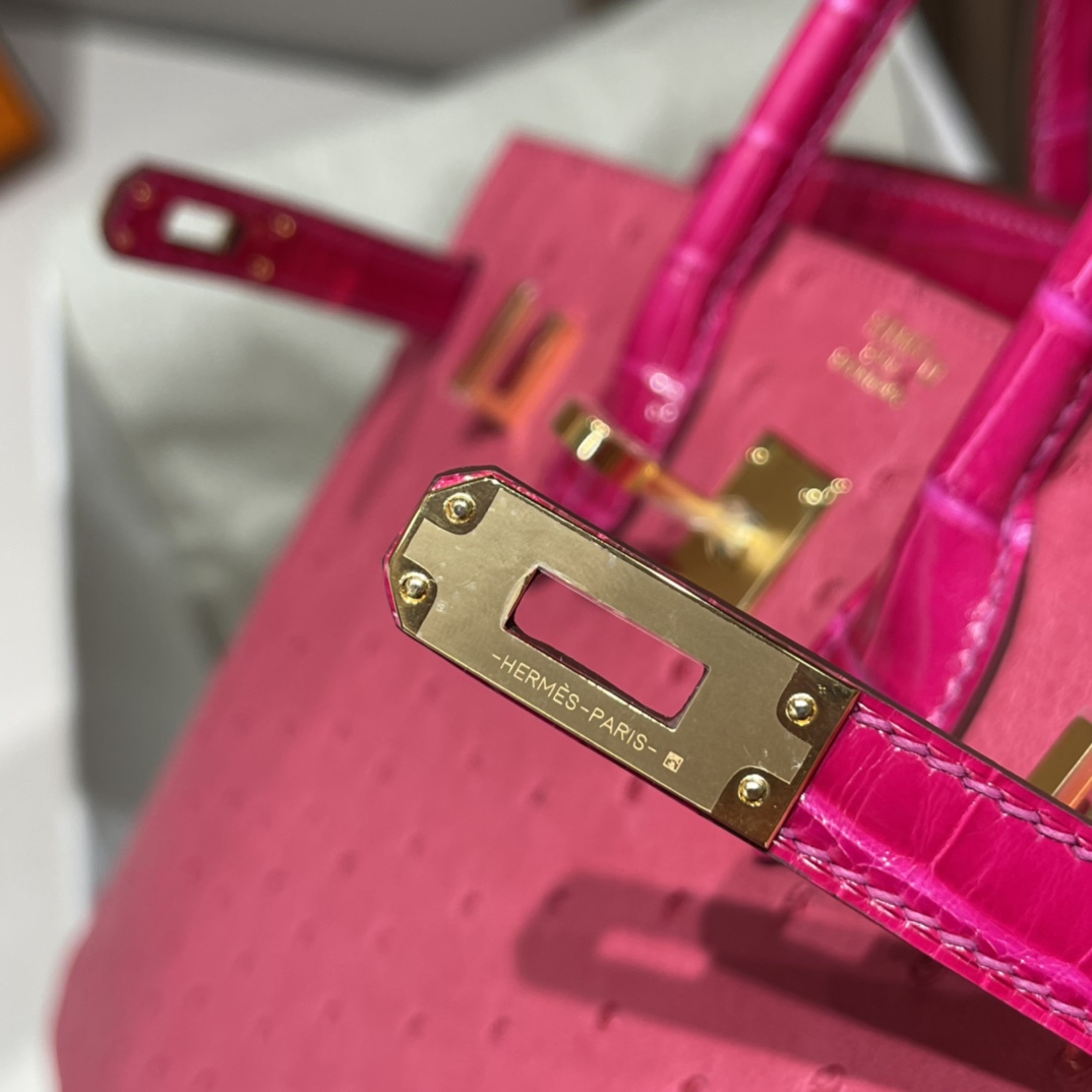 에르메스 버킨백25 티리엔 핑크 금장 타조가죽 악어가죽 핸들